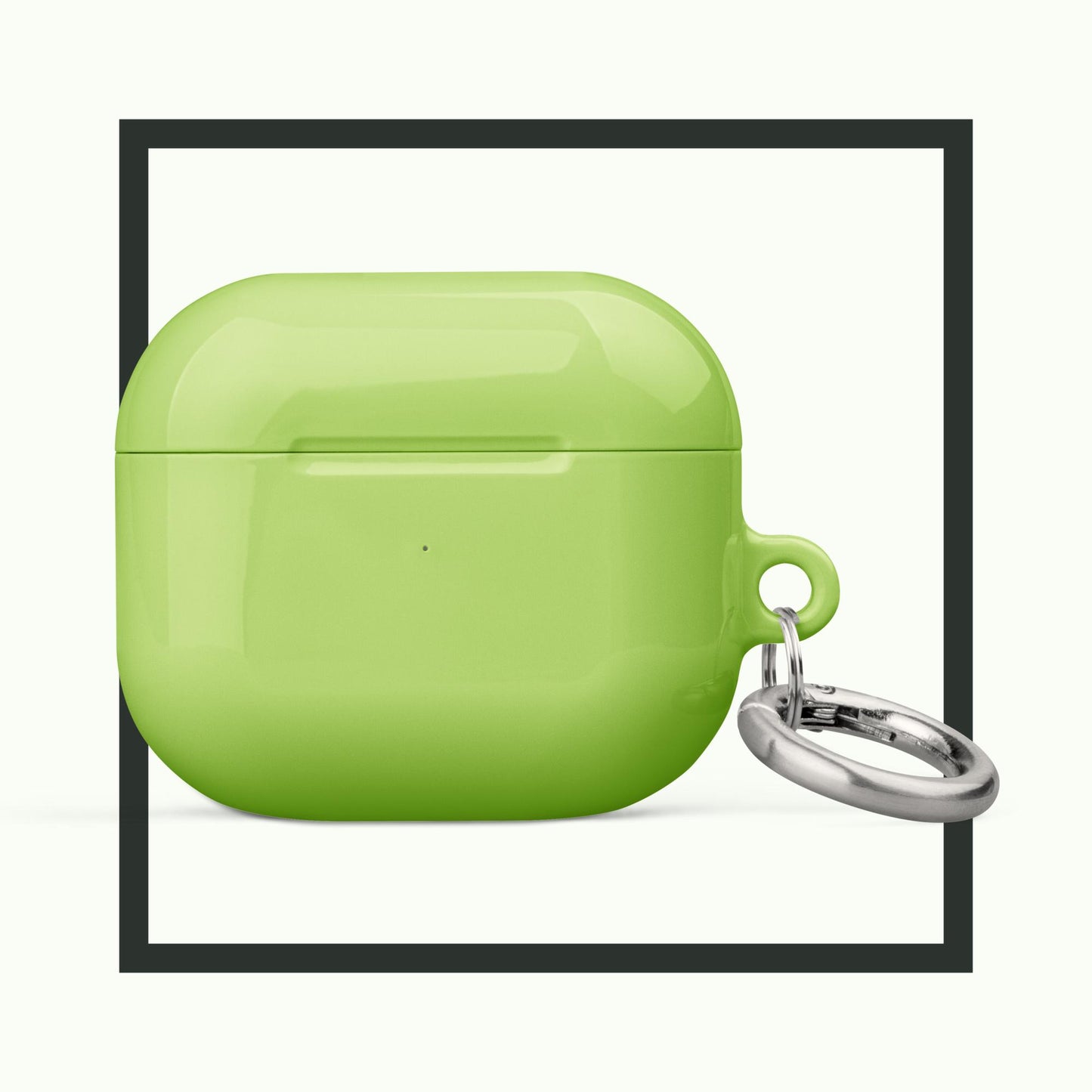 AVOCADO BLISS lime green AirPods® tough case featuring a sleek design and durable protection with an attached metal carabiner for easy portability.