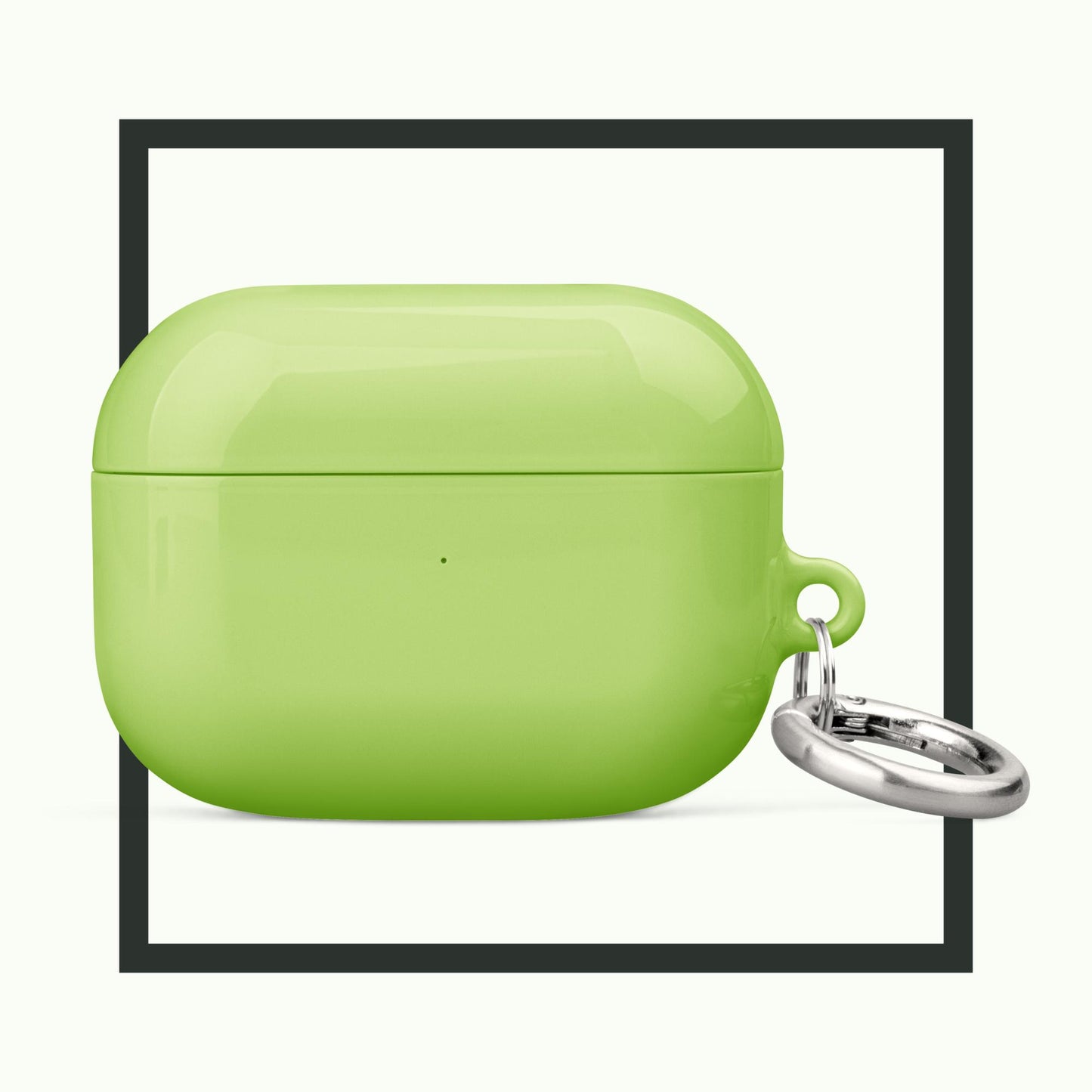 AVOCADO BLISS lime green AirPods® tough case featuring a sleek design and durable protection with an attached metal carabiner for easy portability.