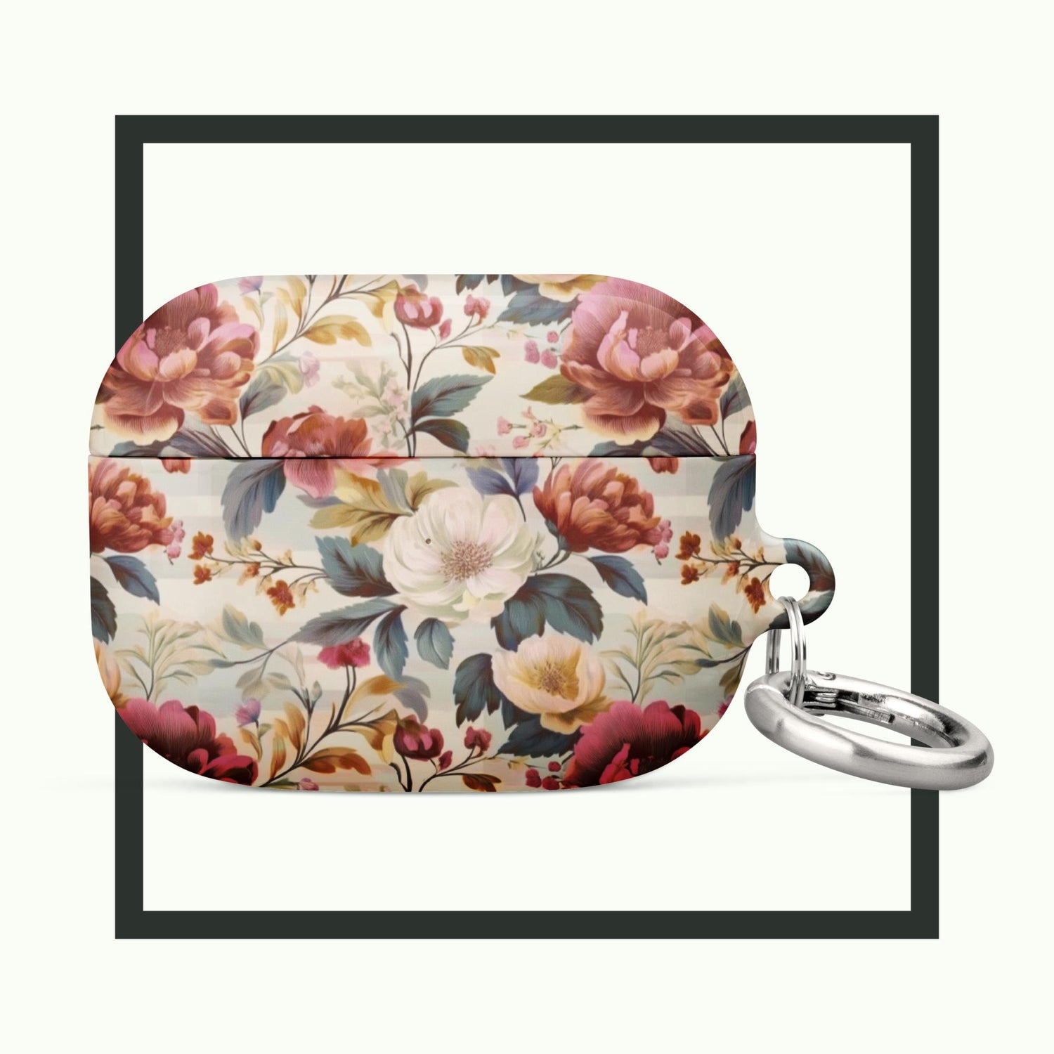 ANTIQUE BLOOM vintage floral AirPods® case featuring elegant pink, white, and yellow blossoms with lush greenery, combining classic charm and durable protection.