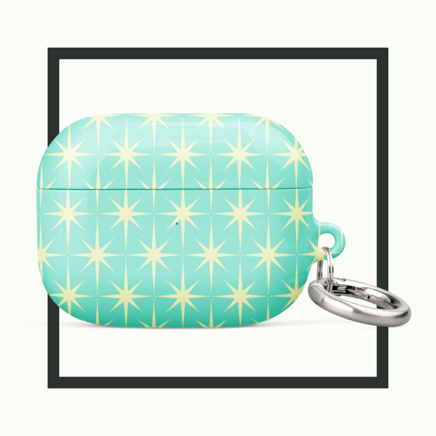 An AirPods® case with a retro starburst pattern in soft yellow on an aqua-blue background. This impact-absorbing case features a metal carabiner for easy carrying and combines stylish vintage charm with reliable protection!