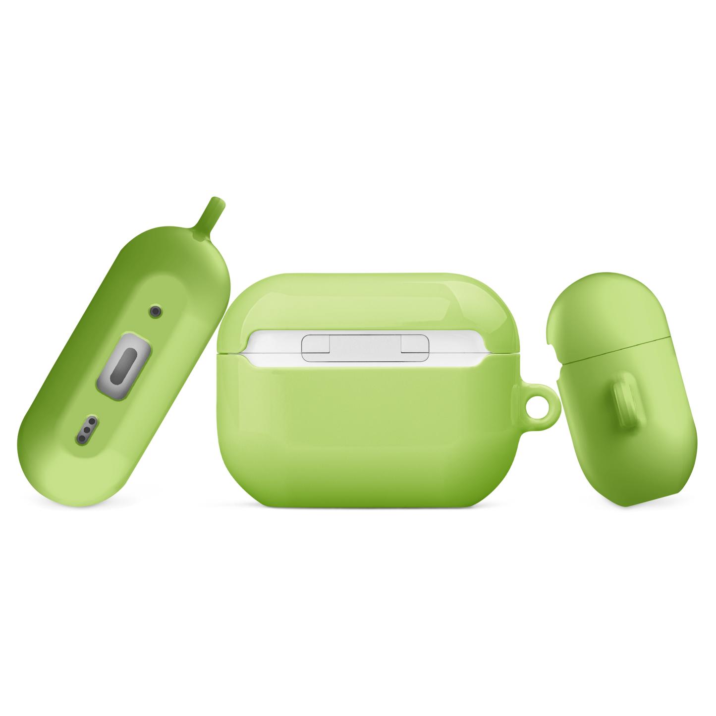 AVOCADO BLISS lime green AirPods® tough case featuring a sleek design and durable protection with an attached metal carabiner for easy portability.