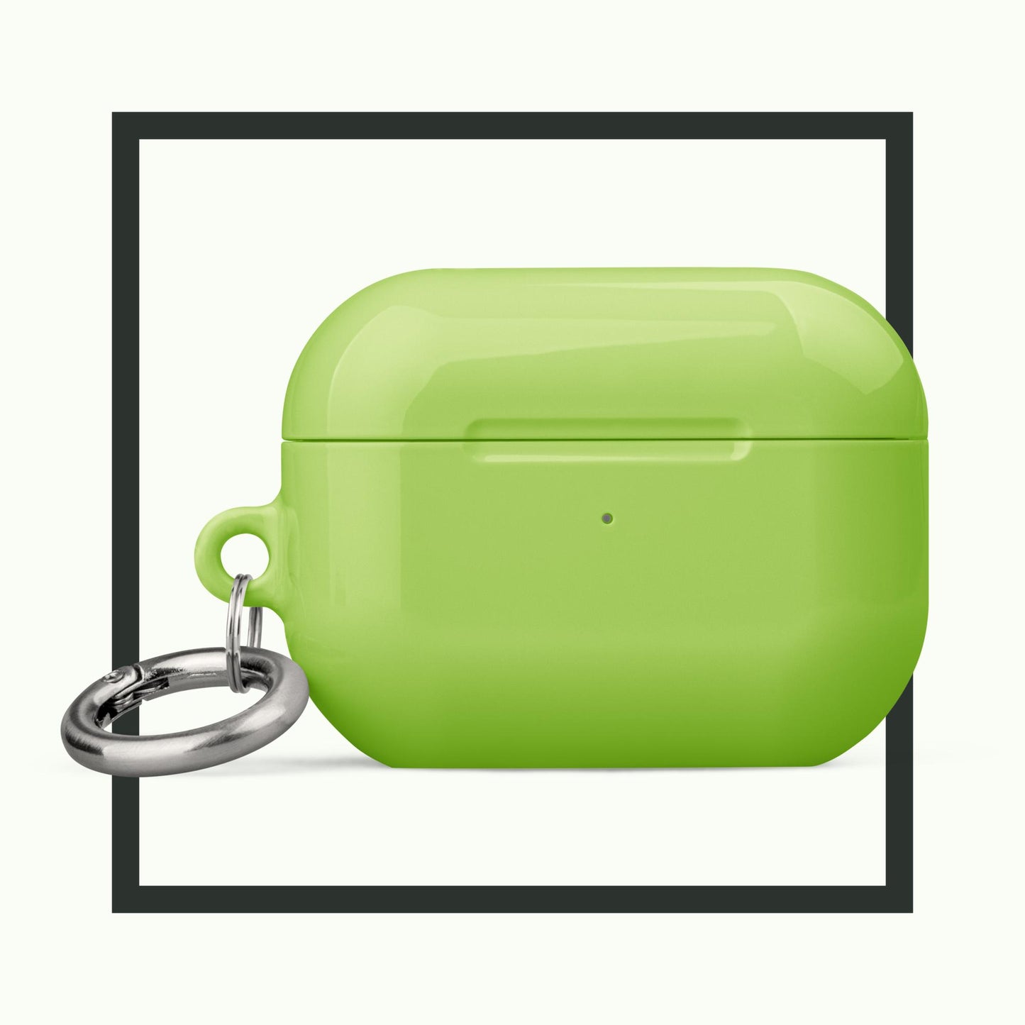 AVOCADO BLISS lime green AirPods® tough case featuring a sleek design and durable protection with an attached metal carabiner for easy portability.