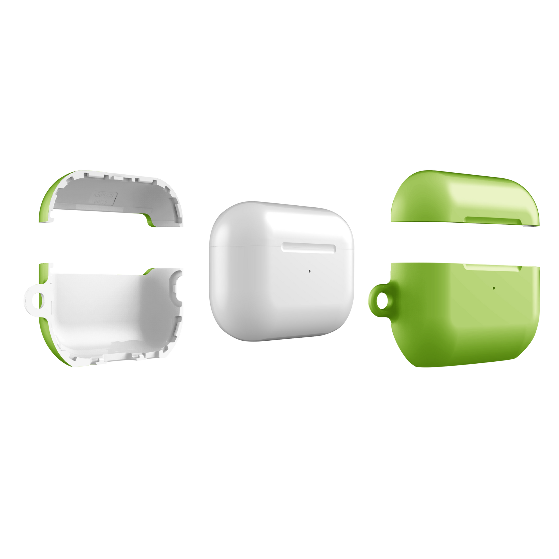 AVOCADO BLISS lime green AirPods® tough case featuring a sleek design and durable protection with an attached metal carabiner for easy portability.