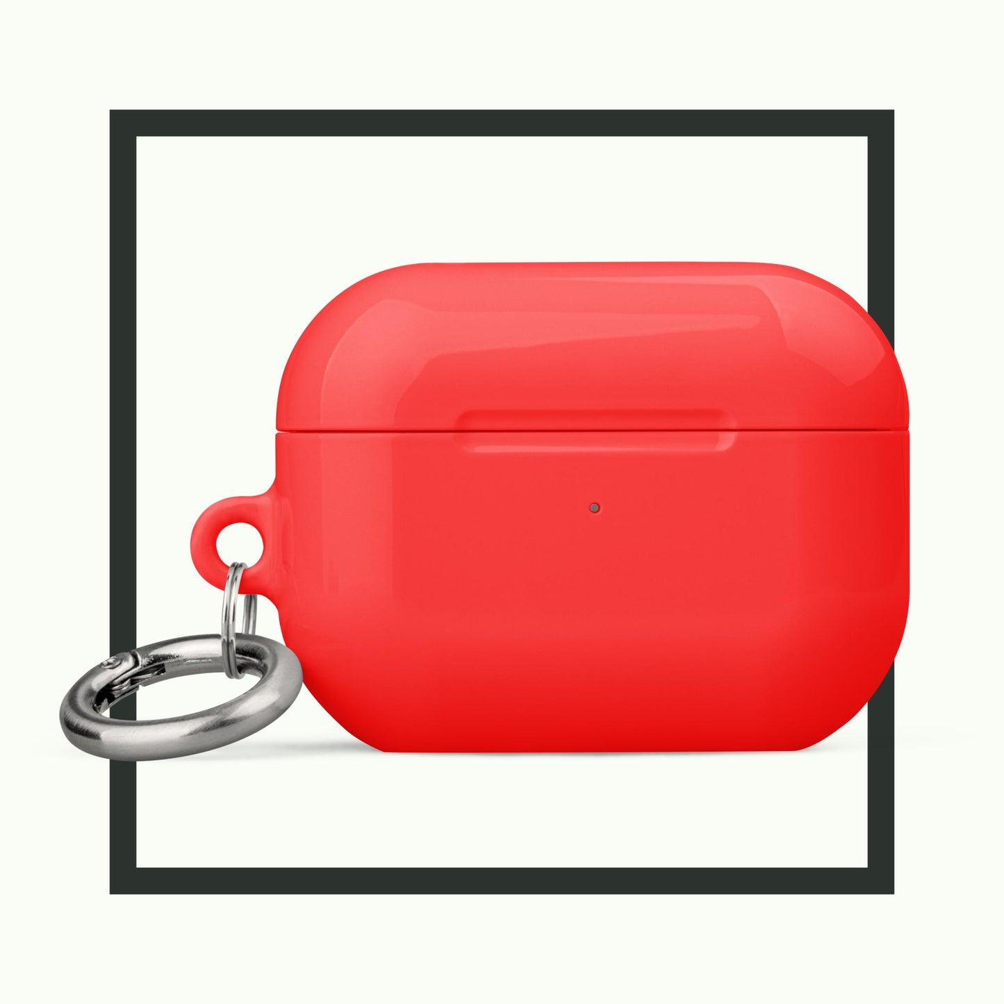 Bold red AirPods® case with a sleek design, impact-absorbing polycarbonate material, and a metal carabiner for easy carrying.