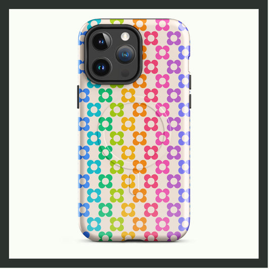 RAINBOW BLOOM MagSafe® Tough iPhone Case featuring a vibrant rainbow floral design with dual-layer protection and MagSafe compatibility.