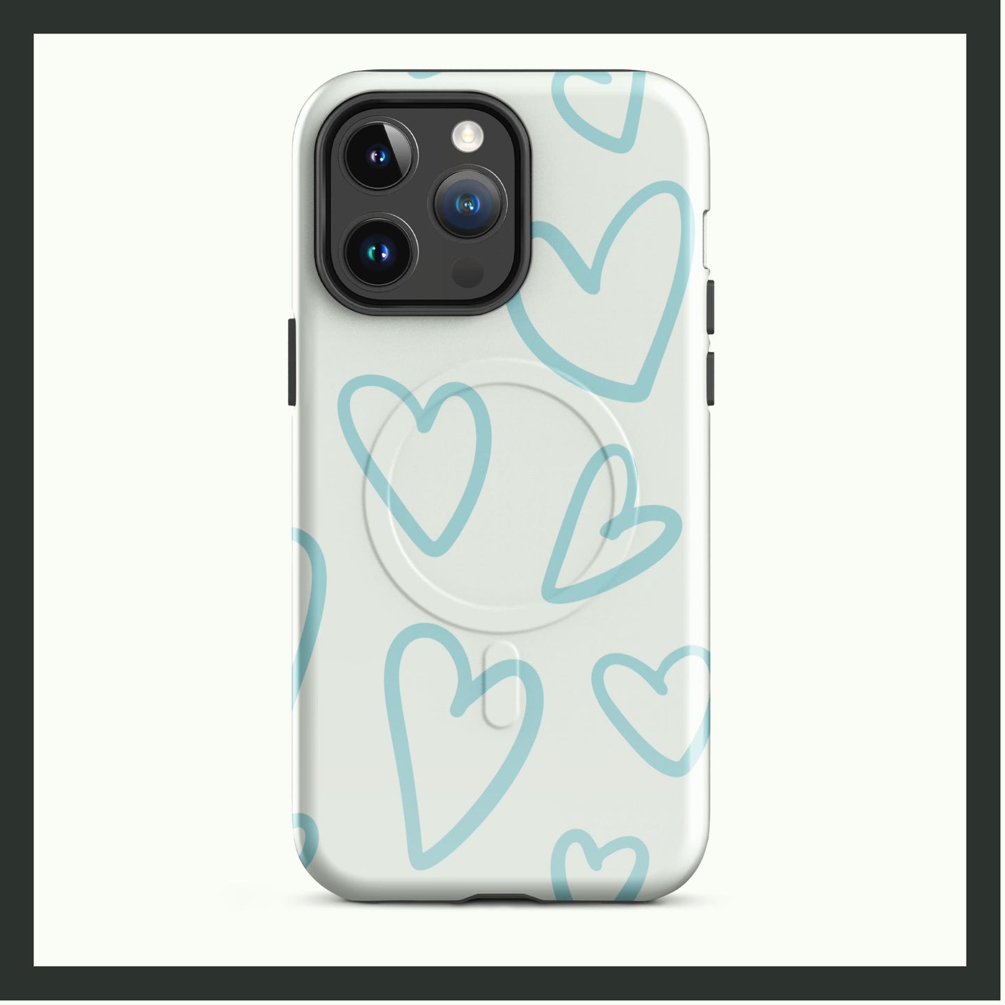 SKYLINE HEARTS MagSafe® Tough iPhone Case with soft aqua heart design on a white background and dual-layer protection.