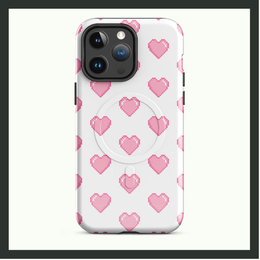 PIXEL HEARTBEAT MagSafe® Tough iPhone Case with pixel-style pink hearts on a white background, dual-layer protection, and MagSafe compatibility.