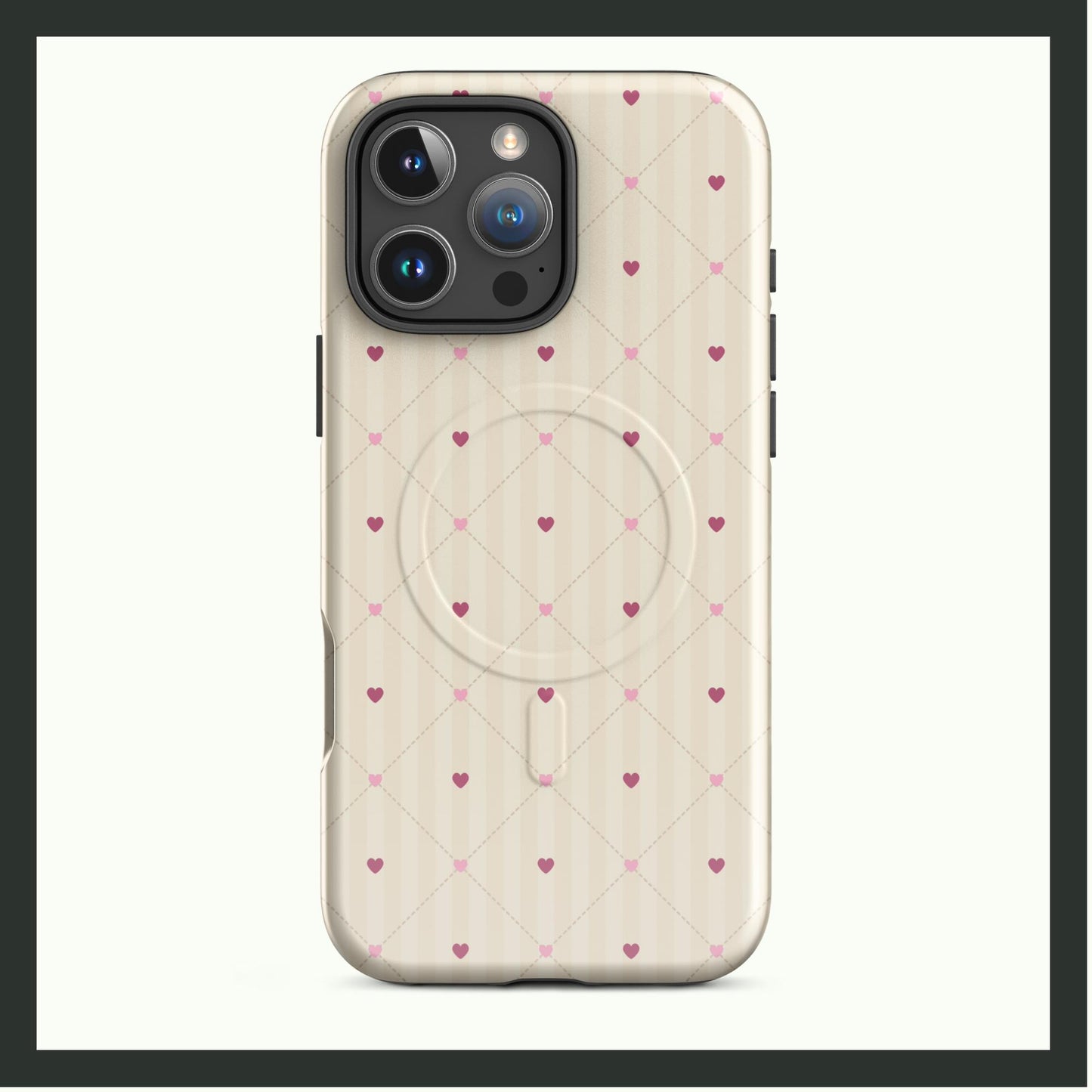 A MagSafe® tough iPhone® case featuring a beige background with a delicate heart lattice pattern. The dual-layer design combines subtle charm with premium protection and MagSafe® compatibility. Perfect for timeless and sophisticated style!