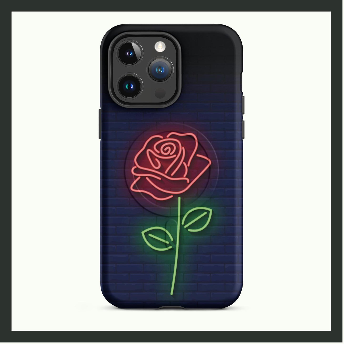 MIDNIGHT ROSE GLOW MagSafe® Tough iPhone Case featuring a neon rose design on a navy brick background, dual-layer protection, and MagSafe compatibility.