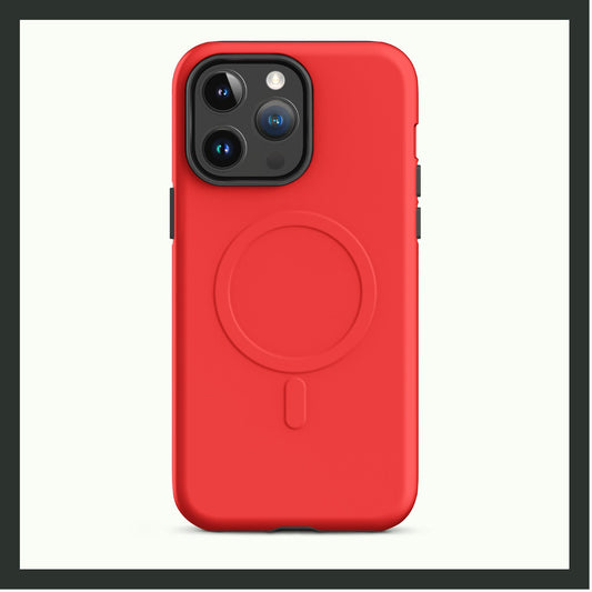 MagSafe® tough iPhone case with a bold solid red design, offering dual-layer protection and a stylish, modern look.