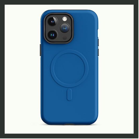 MagSafe® tough iPhone case with a bold solid blue design, offering dual-layer protection and a sleek, minimalistic look.