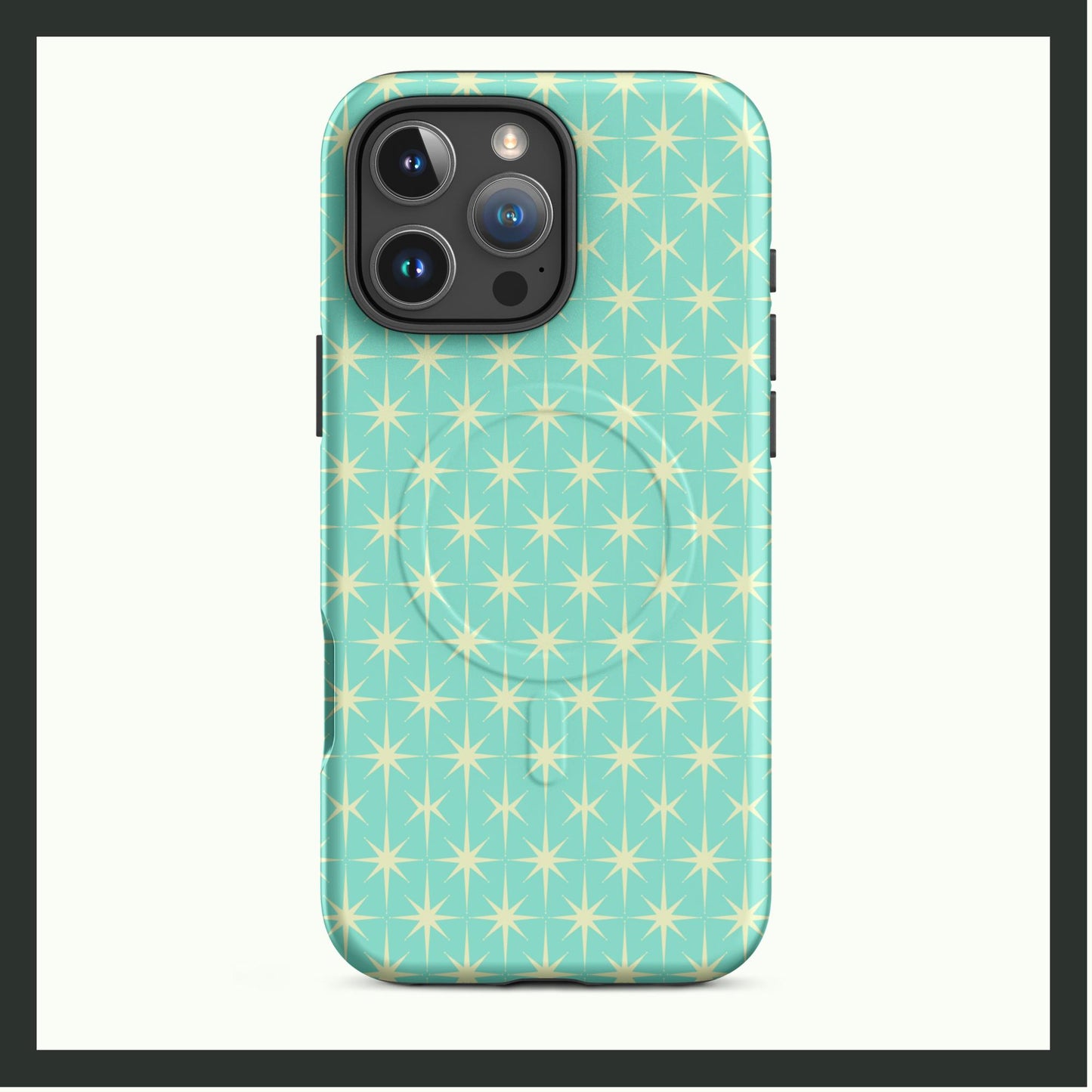 A MagSafe® tough iPhone® case featuring a retro starburst pattern in soft yellow on an aqua-blue background. This dual-layer case combines vintage charm with durable protection and MagSafe® compatibility for stylish functionality!