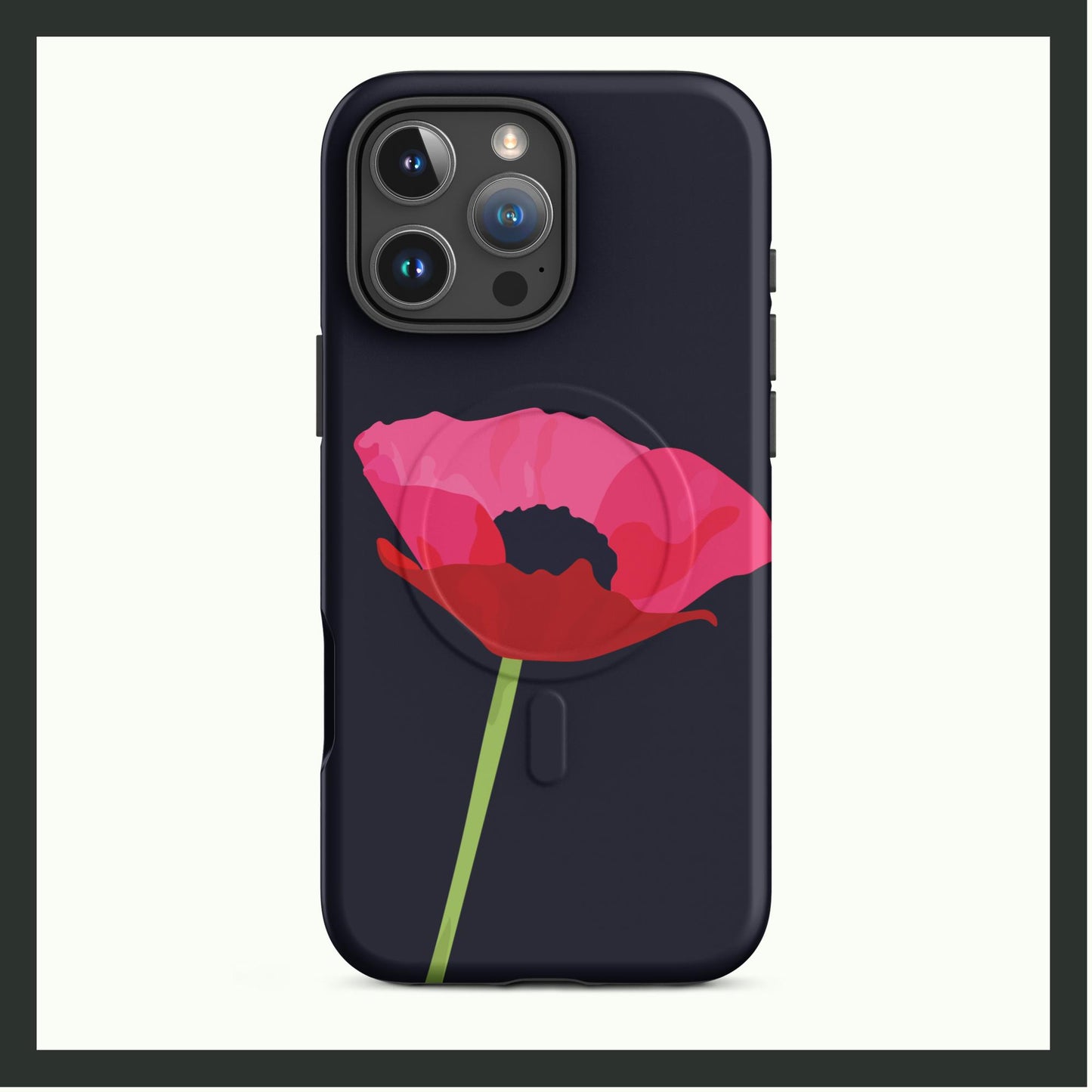 VELVET PAPAVER MagSafe® Tough iPhone Case featuring an elegant poppy flower design on a sleek black background with dual-layer protection.