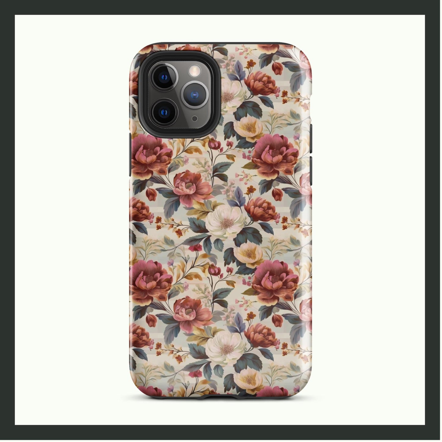 ANTIQUE BLOOM vintage floral iPhone® tough case featuring elegant pink, white, and yellow flowers with lush greenery, offering timeless style and dual-layer protection.