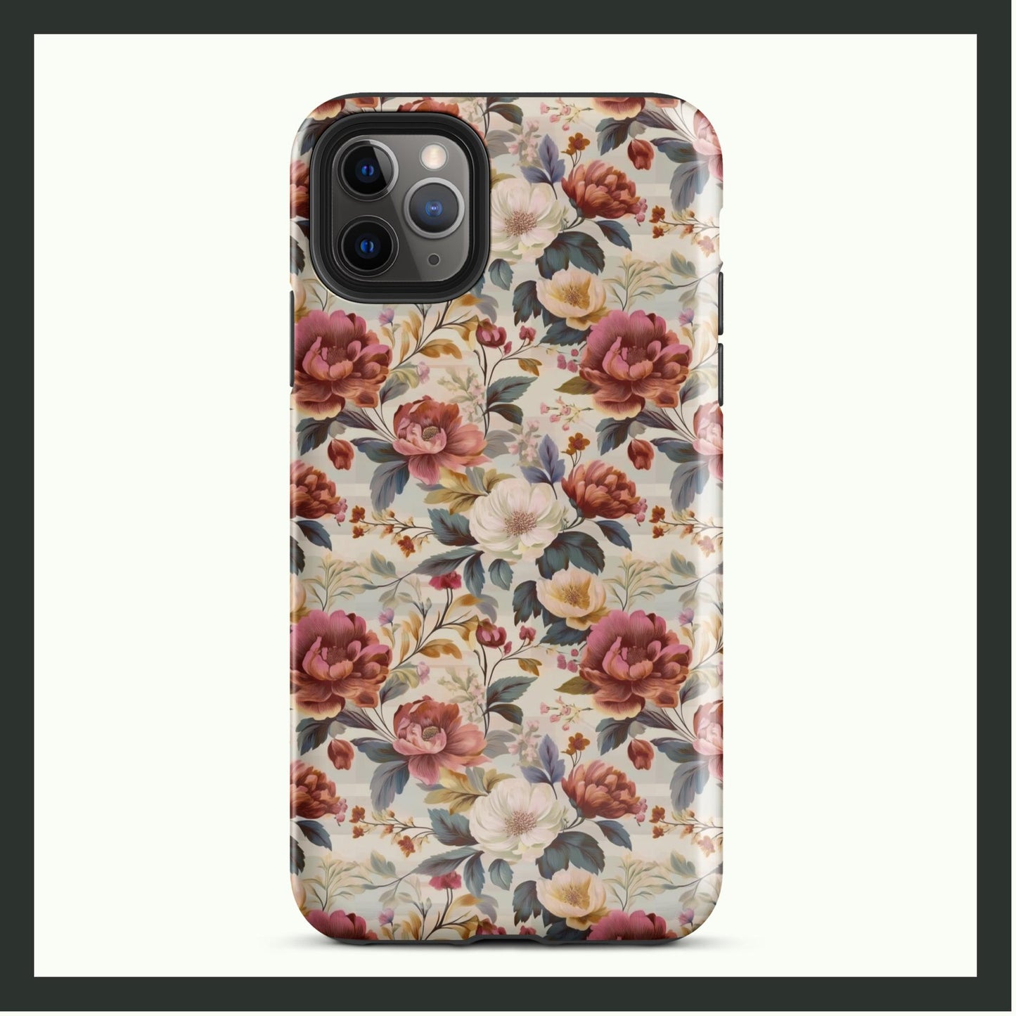 ANTIQUE BLOOM vintage floral iPhone® tough case featuring elegant pink, white, and yellow flowers with lush greenery, offering timeless style and dual-layer protection.