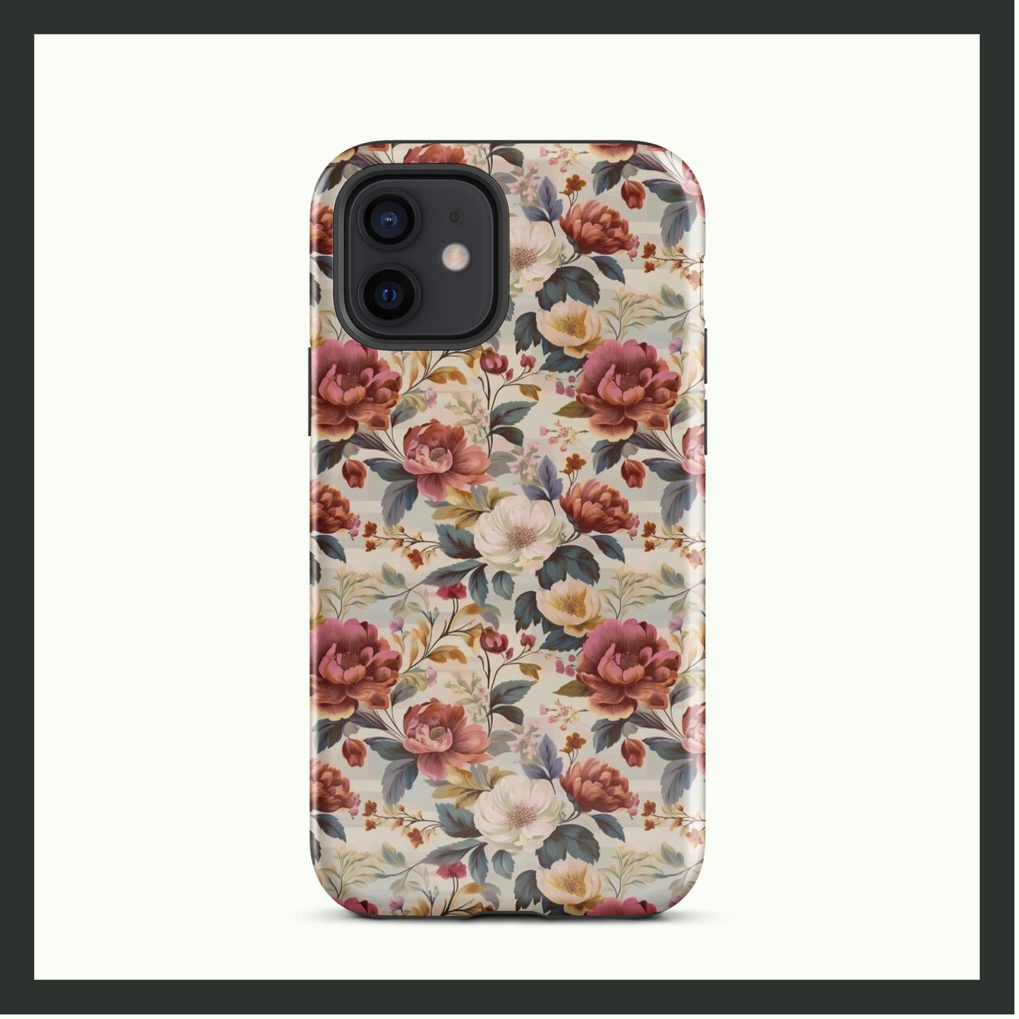 ANTIQUE BLOOM vintage floral iPhone® tough case featuring elegant pink, white, and yellow flowers with lush greenery, offering timeless style and dual-layer protection.