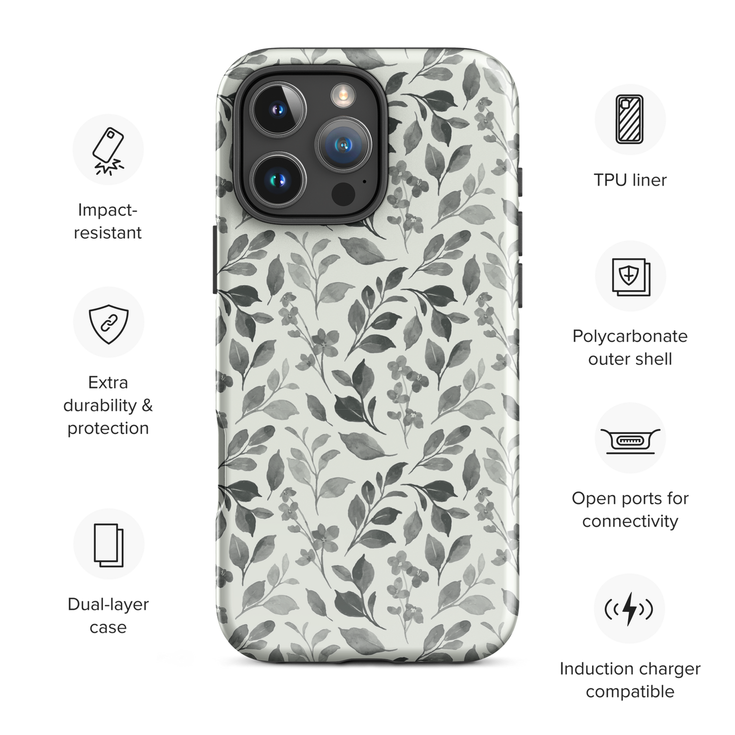 CAMILLE GREY Elegant Grayscale Floral Tough Case for iPhone®