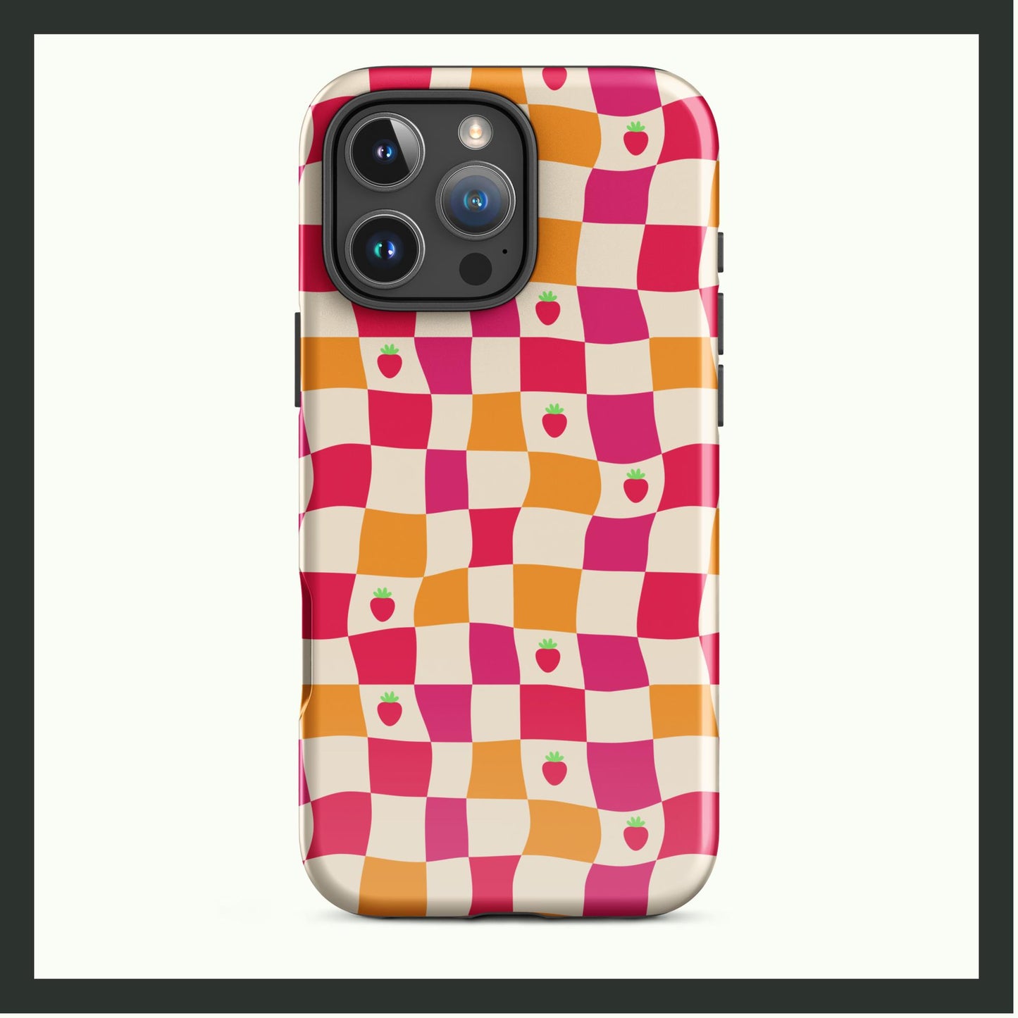 A tough iPhone® case with a wavy checkerboard design in pink, orange, and cream, accented by cute strawberry illustrations. This dual-layer case provides stylish charm and reliable protection, perfect for fun and functional use!