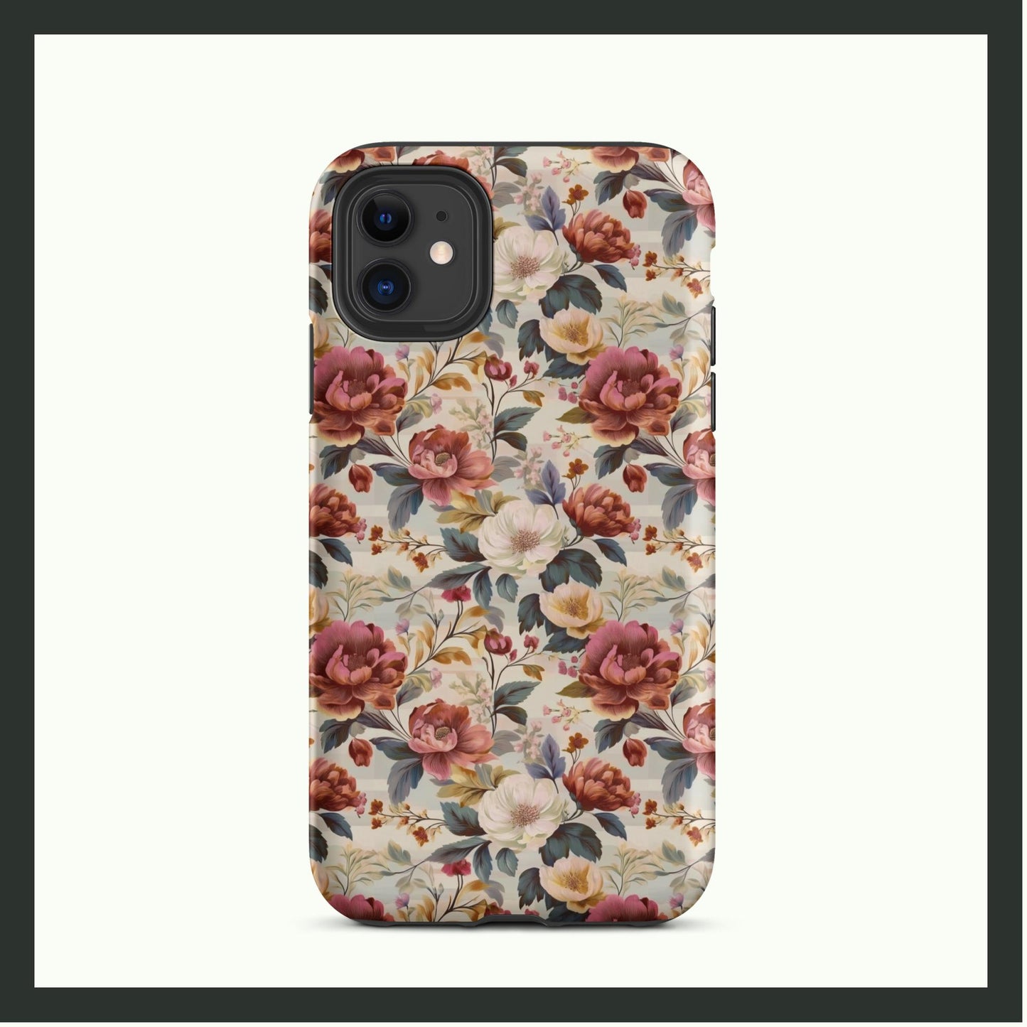 ANTIQUE BLOOM vintage floral iPhone® tough case featuring elegant pink, white, and yellow flowers with lush greenery, offering timeless style and dual-layer protection.