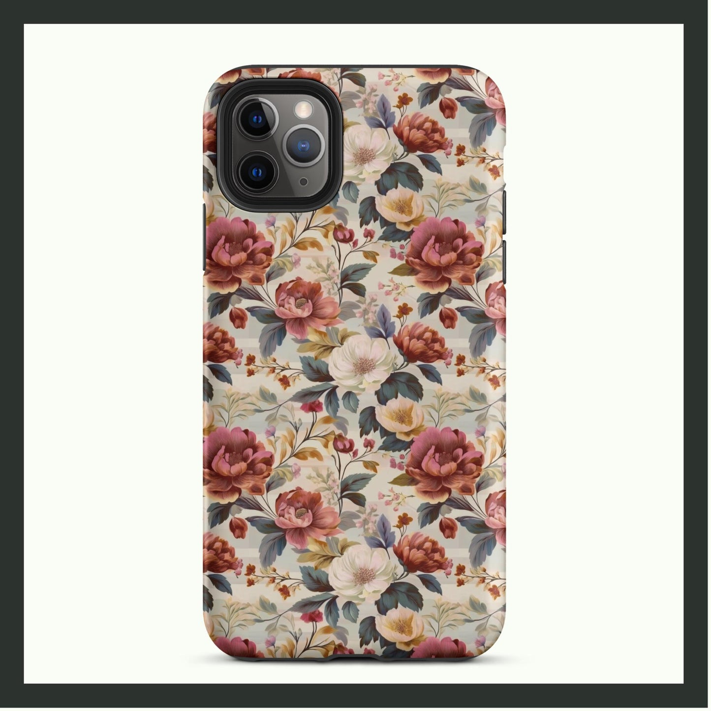 ANTIQUE BLOOM vintage floral iPhone® tough case featuring elegant pink, white, and yellow flowers with lush greenery, offering timeless style and dual-layer protection.