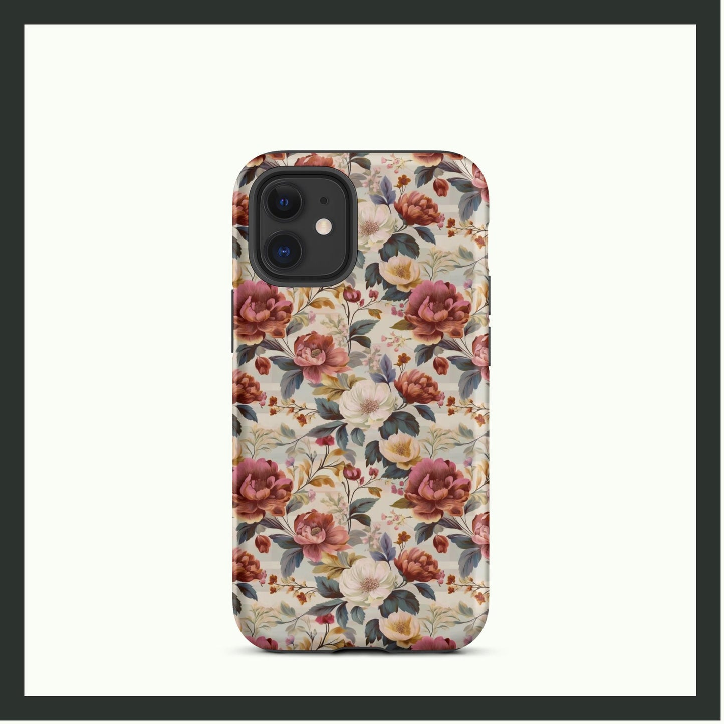 ANTIQUE BLOOM vintage floral iPhone® tough case featuring elegant pink, white, and yellow flowers with lush greenery, offering timeless style and dual-layer protection.