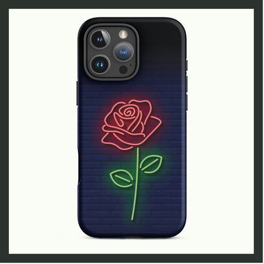 MIDNIGHT ROSE GLOW Tough iPhone Case with a neon rose design on a navy brick background and dual-layer protection.