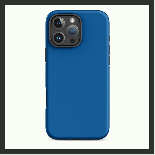 Tough iPhone case with a sleek solid blue design, offering dual-layer protection with a stylish and minimalistic look.