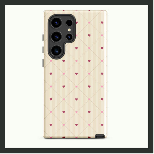 A tough Samsung® phone case featuring a soft beige background with a delicate heart lattice pattern. The dual-layer design offers durable protection with a timeless and elegant look. Perfect for stylish and functional use!