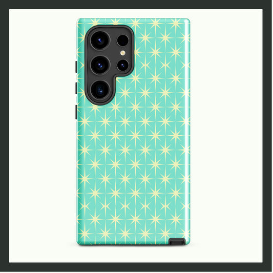 A tough Samsung® phone case featuring a retro starburst pattern in soft yellow on an aqua-blue background. This dual-layer case combines vintage-inspired design with durable protection, perfect for stylish everyday use!