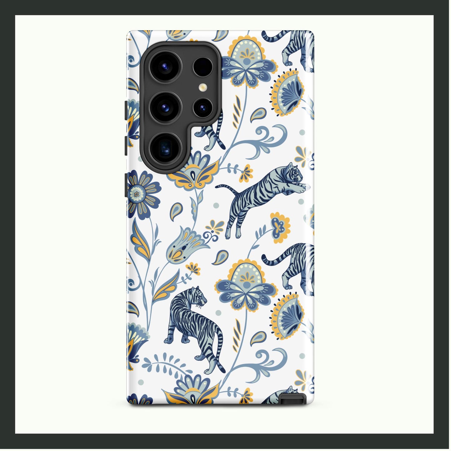 A tough Samsung® case featuring a design of blue tigers surrounded by intricate floral patterns in soft blues and yellows on a white background. This dual-layer case provides durable protection with a touch of sophistication. Perfect for nature-inspired elegance!