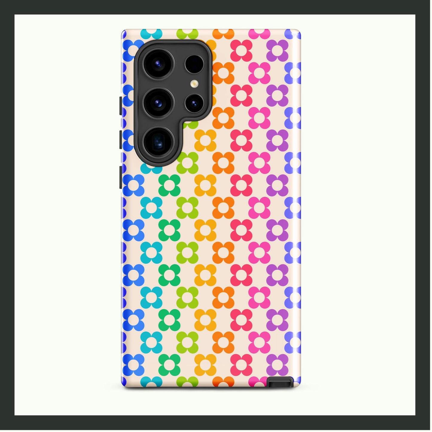 RAINBOW BLOOM Tough Samsung Case with a vibrant rainbow floral design, dual-layer protection, and wireless charging compatibility.