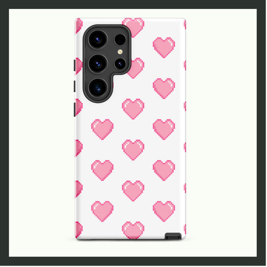 PIXEL HEARTBEAT Tough Samsung Case with pixel-style pink hearts on a white background, dual-layer protection, and wireless charging compatibility.