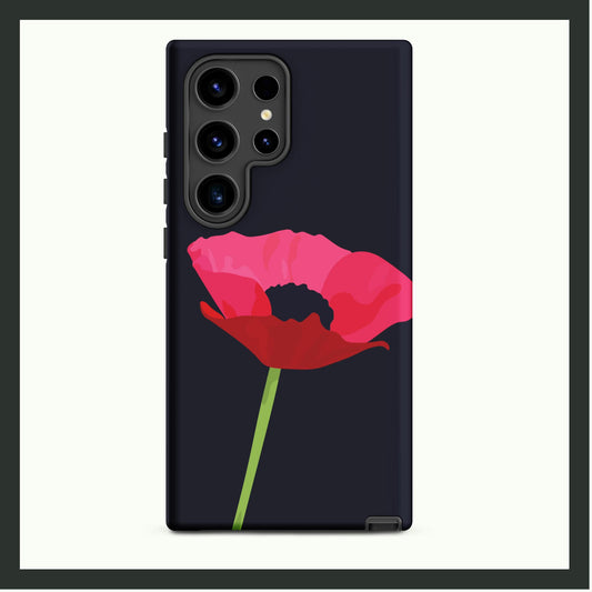 VELVET PAPAVER Tough Samsung Case with a striking pink and red poppy flower on a sleek black background and dual-layer protection.