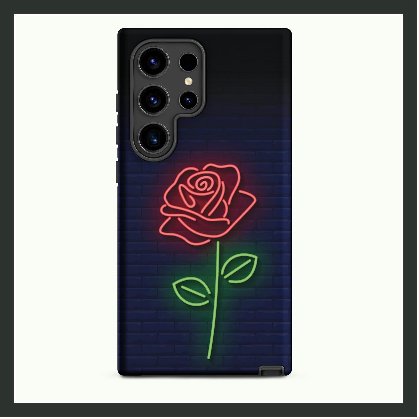 MIDNIGHT ROSE GLOW Tough Samsung Case with a neon rose design on a navy brick background and dual-layer protection.